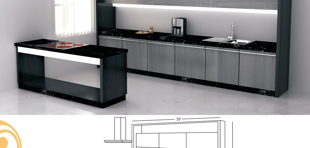 Single Line Large Kitchen design with a Serving Table