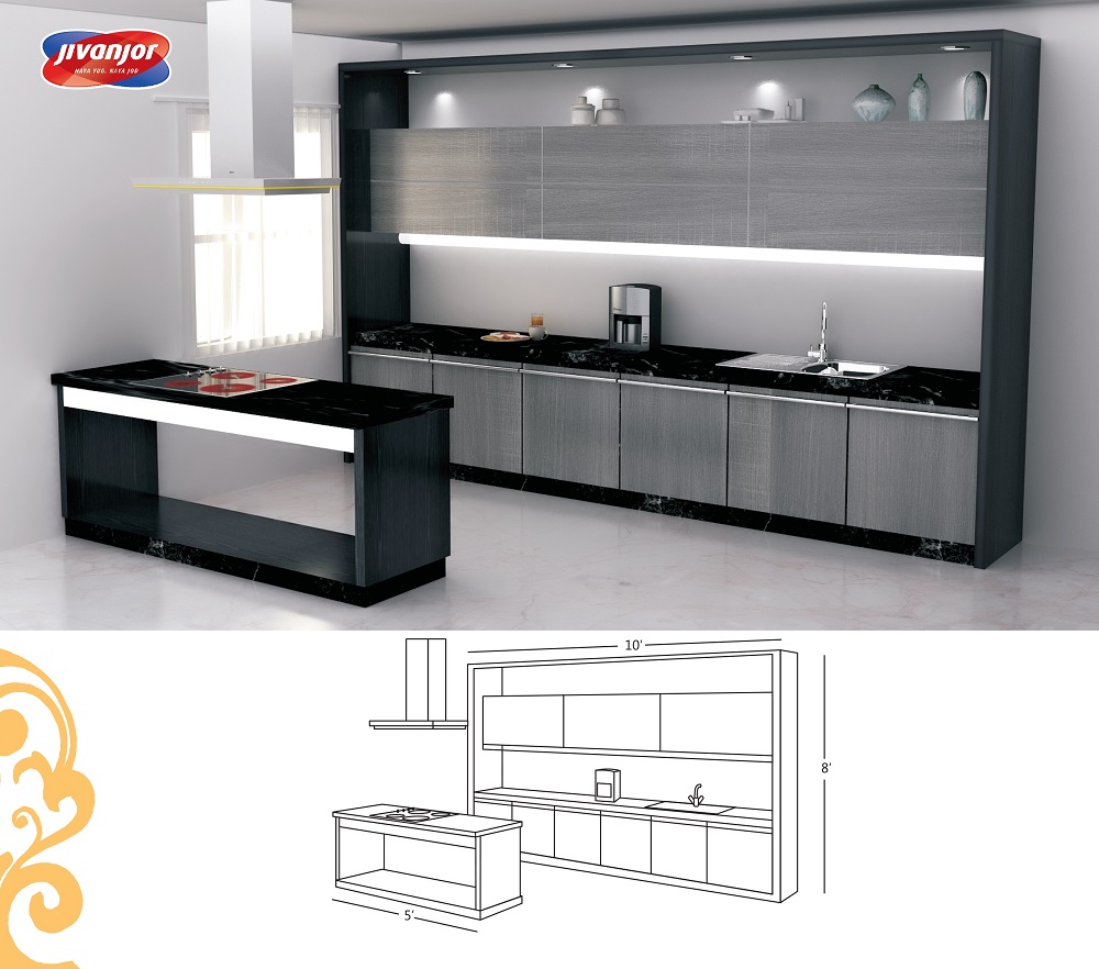Single Line Large Kitchen design with a Serving Table